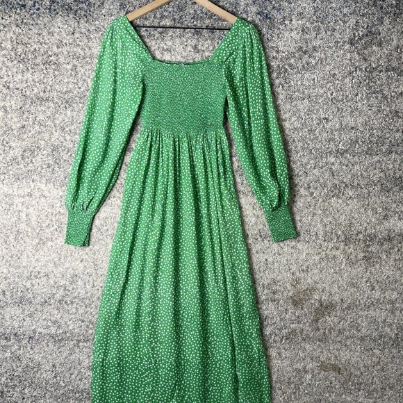 Rixo Dress Womens Small Green White Floral Long Sleeve Smocked Maxi Silk Viscose - Picture 1 of 9